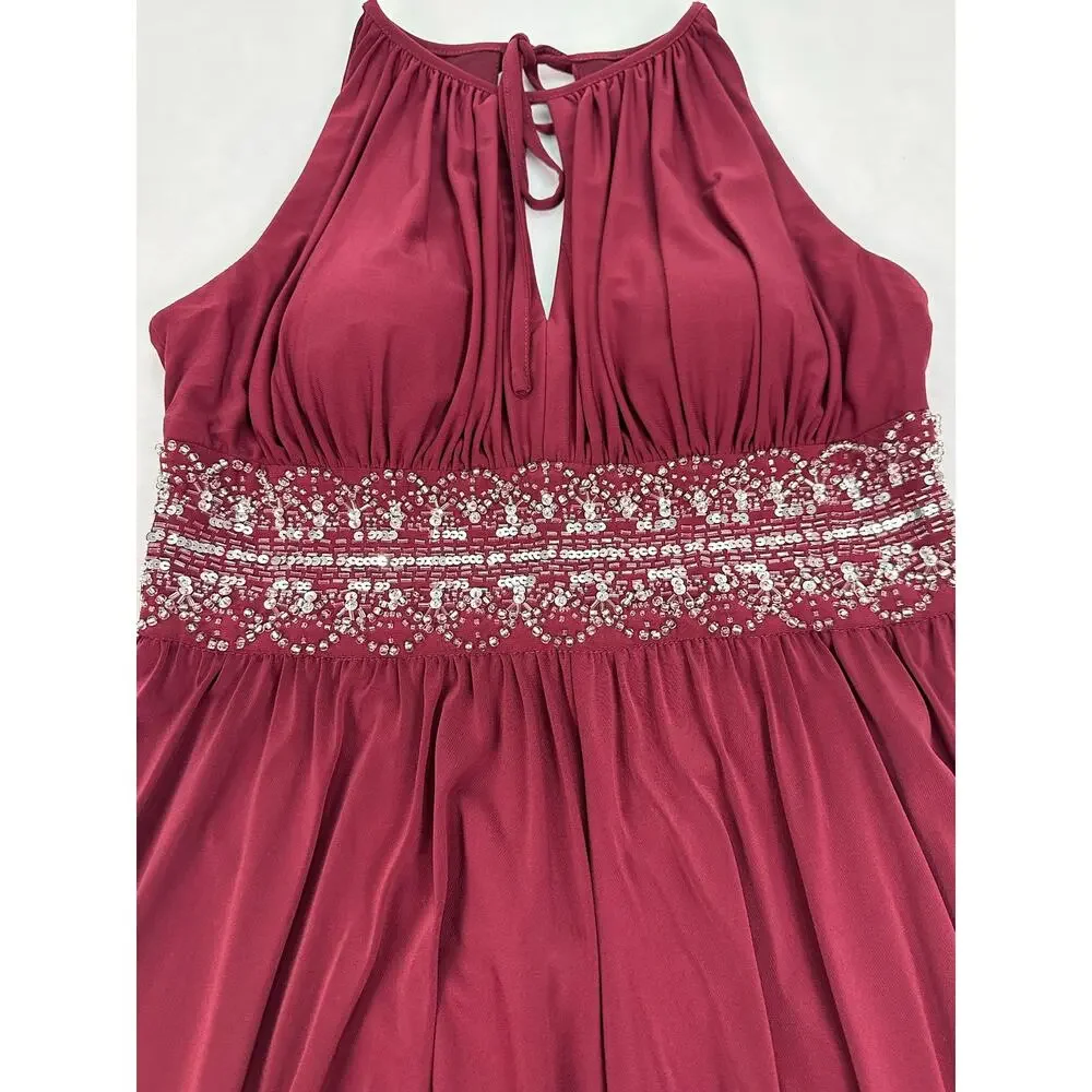 R&M Richards Wine Beaded Halter Evening Gown Keyhole Neck Maxi Dress Size 8 - Picture 11 of 15